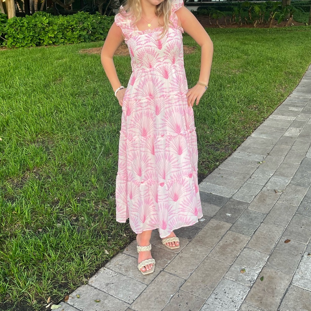 Pink Palm-Print Tiered Maxi Dress with Flutter Sleeves